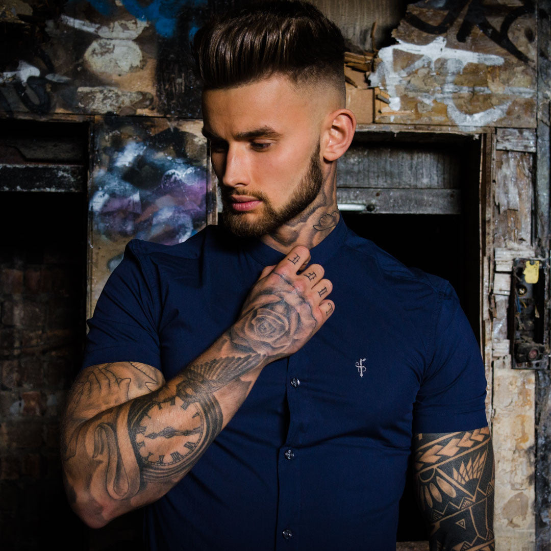 Super Slim Stretch Classic Navy Grandad Collar Short Sleeve - FS182