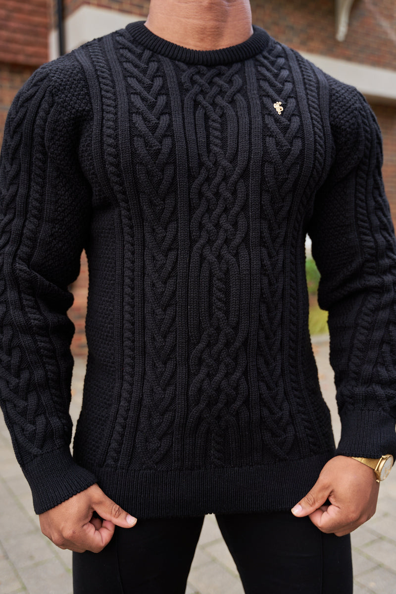 Father Sons Black Twisted Braid Weave Super Slim Jumper With Gold Decal - FSJ033