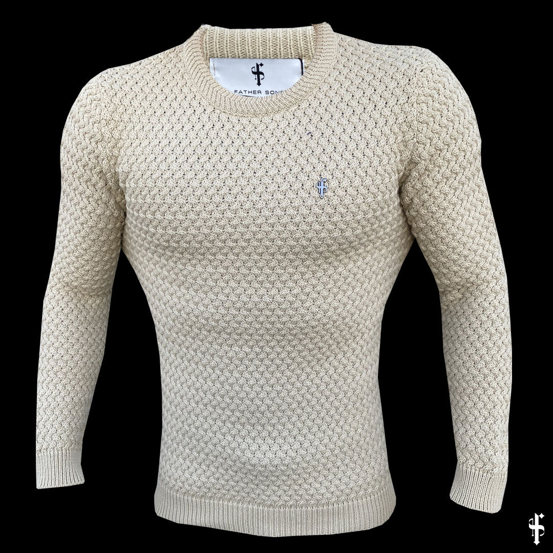 Oatmeal Knitted Weave Super Slim Jumper With Metal Decal - FSJ020