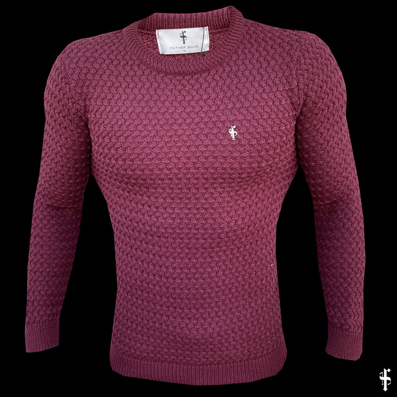 Father Sons Burgundy Knitted Weave Super Slim Jumper With Metal Decal - FSJ017