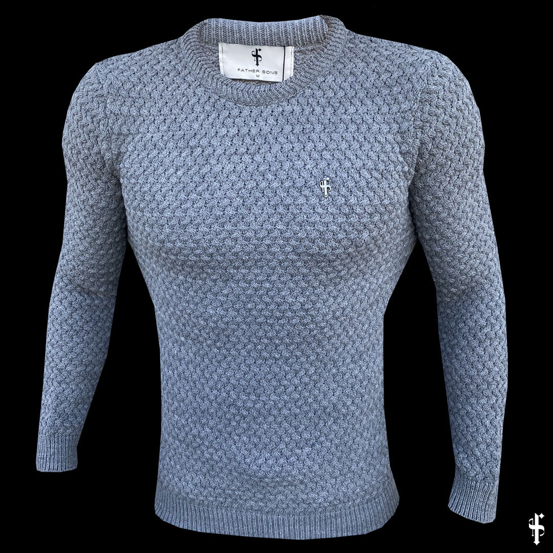Grey Knitted Weave Super Slim Jumper With Metal Decal - FSJ016
