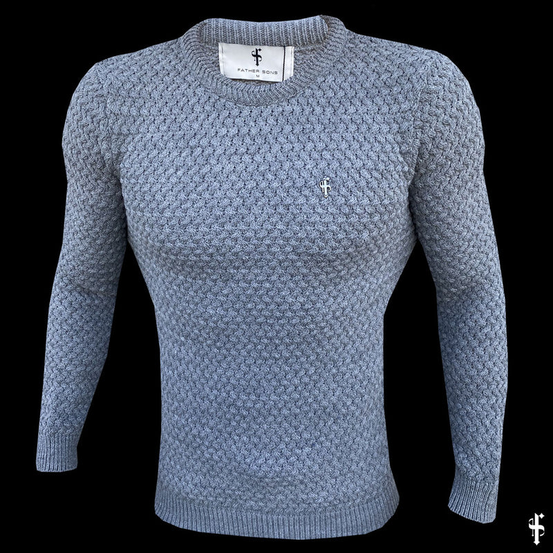 Father Sons Grey Knitted Weave Super Slim Jumper With Metal Decal - FSJ016