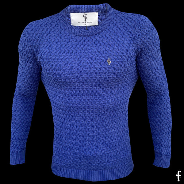 Father Sons Blue Knitted Weave Super Slim Jumper With Metal Decal - FSJ019