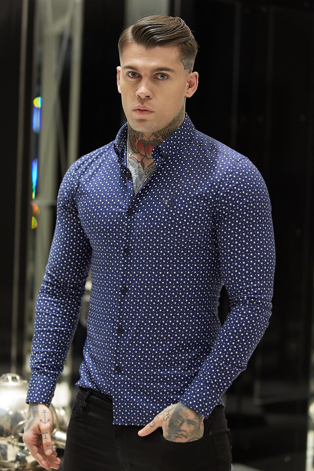 Super Slim Stretch Blue & White Multi Square Print Long Sleeve - FS667