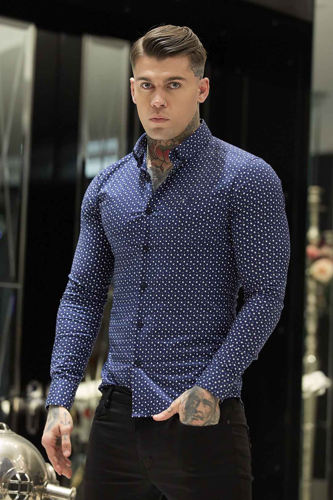 Super Slim Stretch Blue & White Multi Square Print Long Sleeve - FS667