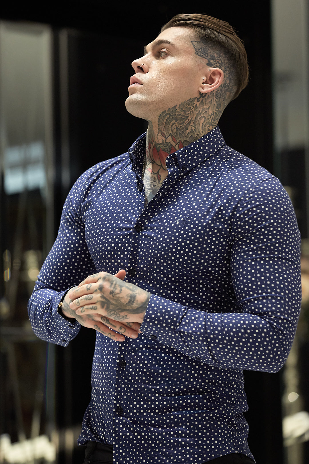 Super Slim Stretch Blue & White Multi Square Print Long Sleeve - FS667