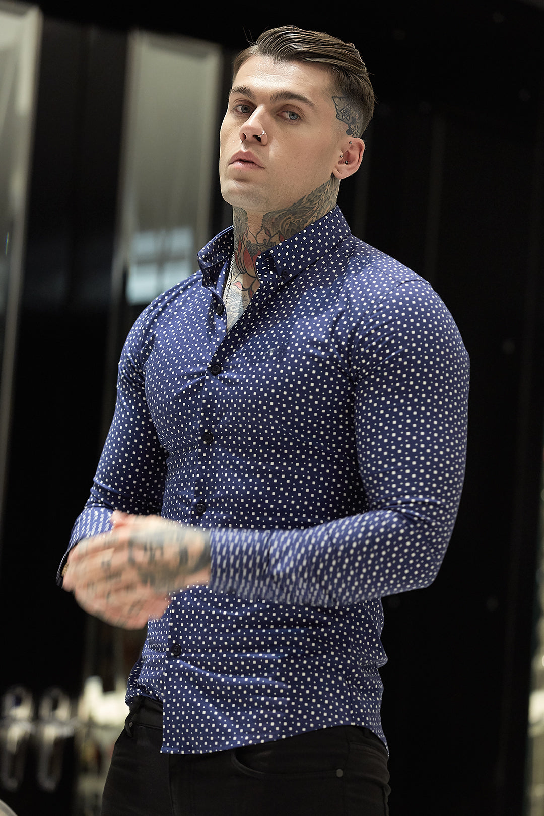 Super Slim Stretch Blue & White Multi Square Print Long Sleeve - FS667