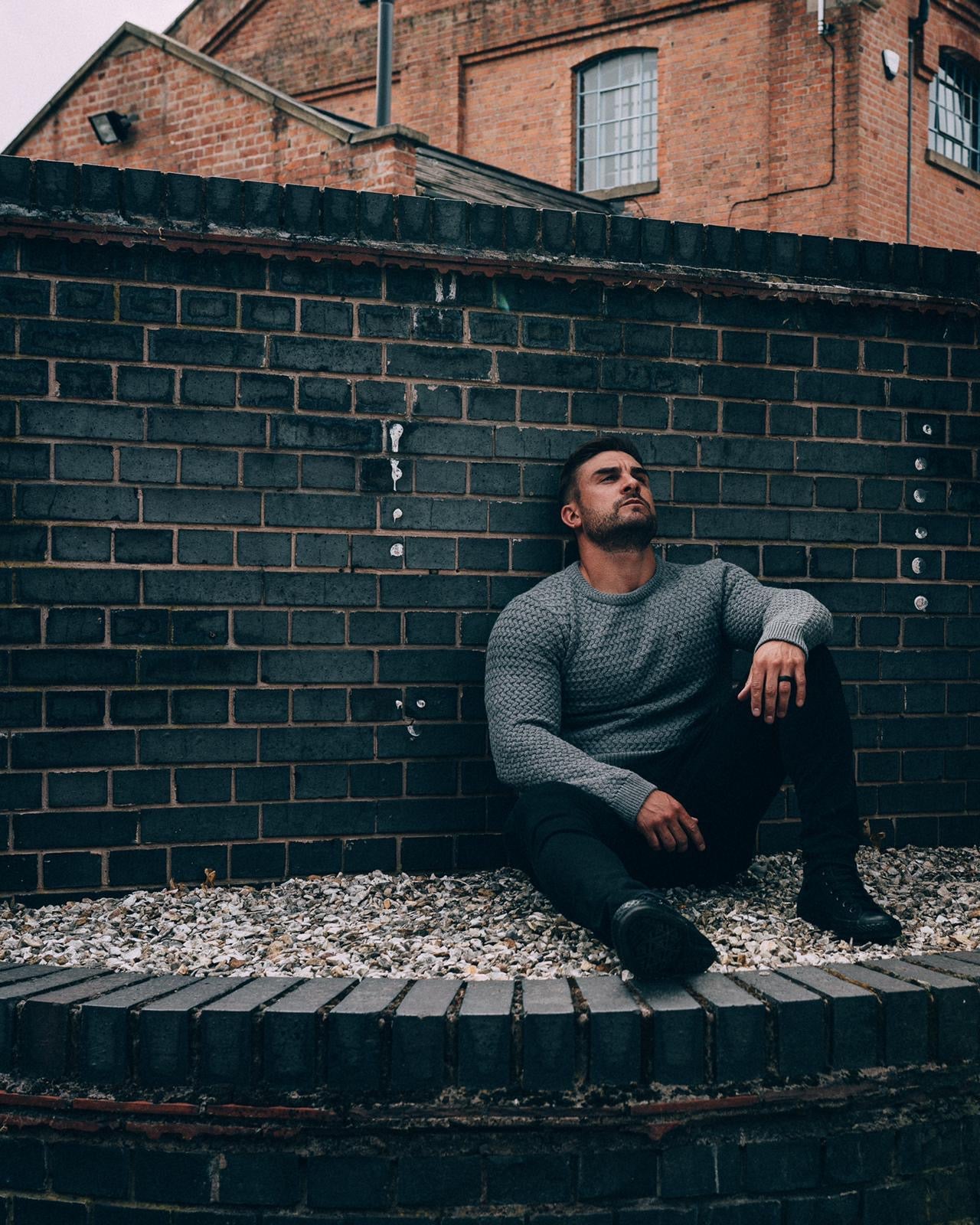 Grey Knitted Weave Super Slim Jumper With Metal Decal - FSJ016