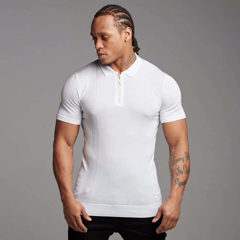 Father Sons Classic White and Gold Zip Knitted Short Sleeve Polo Shirt - FSH175