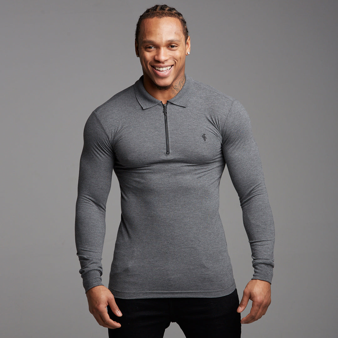 Classic Dark Grey Zipped Polo Long Sleeve Shirt - FSH026