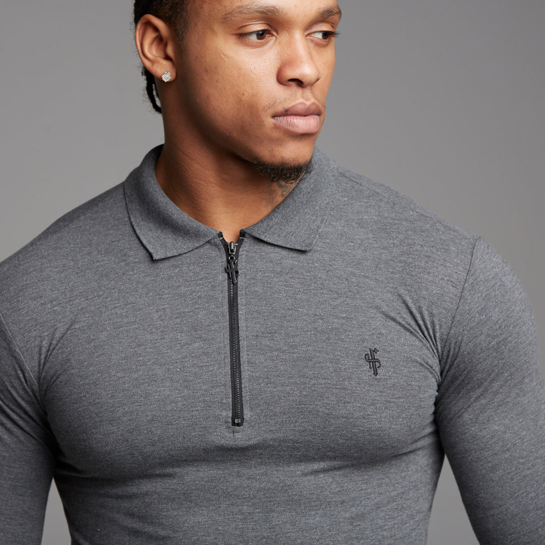Classic Dark Grey Zipped Polo Long Sleeve Shirt - FSH026