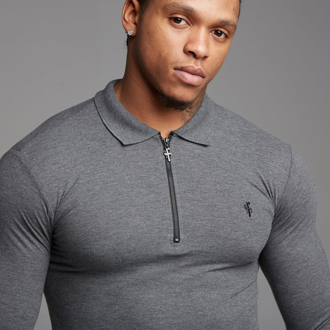 Classic Dark Grey Zipped Polo Long Sleeve Shirt - FSH026