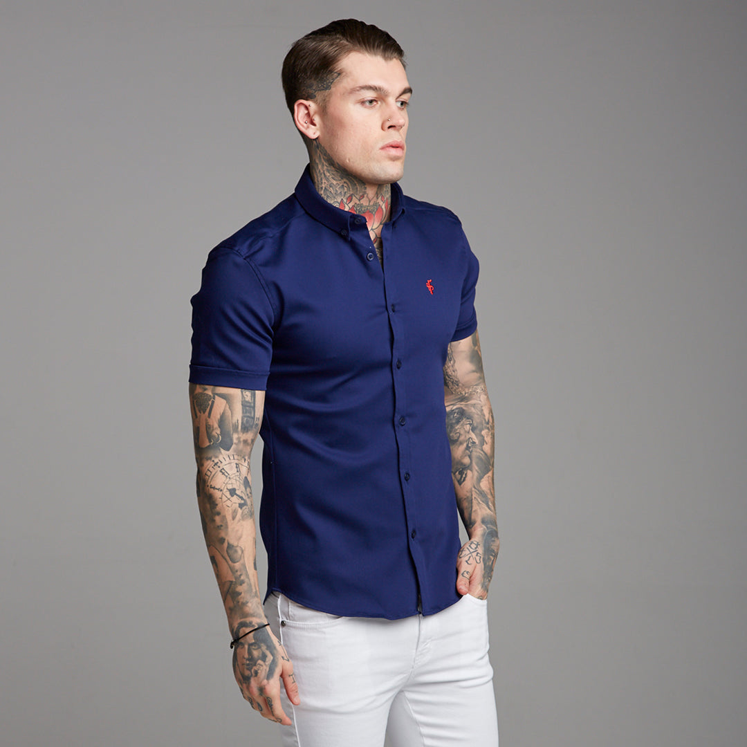 Super Slim Stretch Navy Denim Short Sleeve (Red Emblem) - FS199