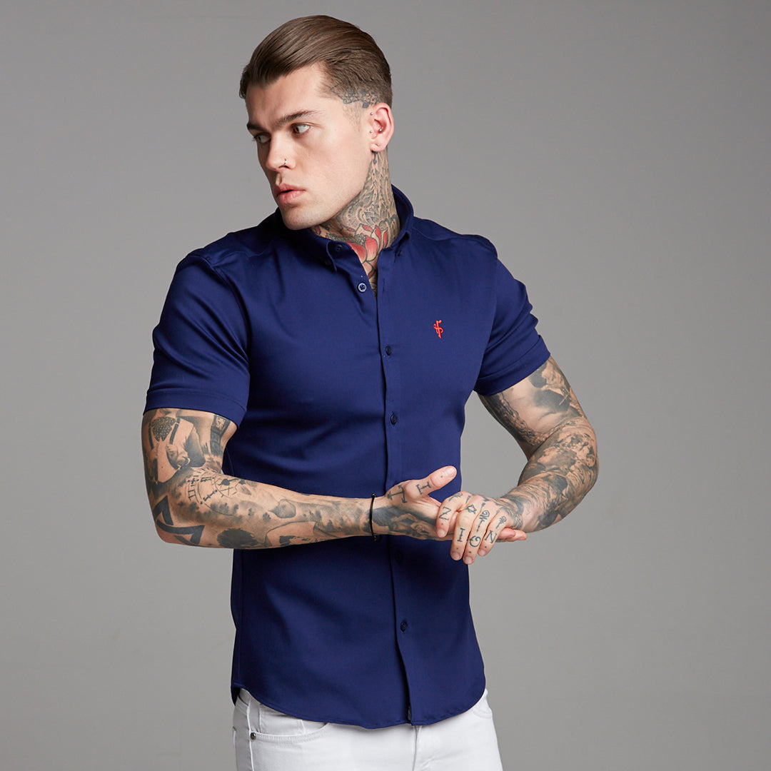 Super Slim Stretch Navy Denim Short Sleeve (Red Emblem) - FS199