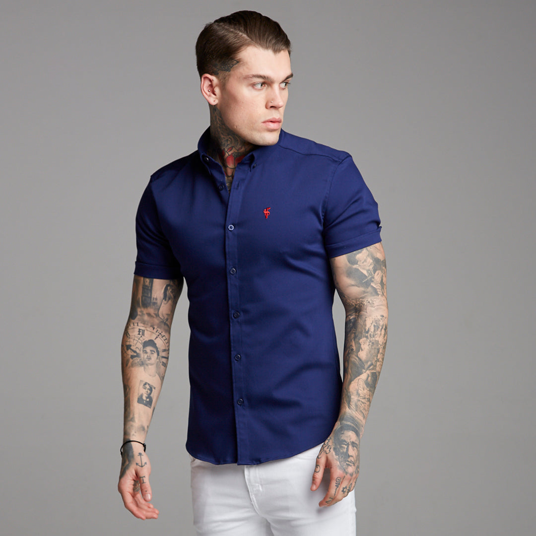 Super Slim Stretch Navy Denim Short Sleeve (Red Emblem) - FS199