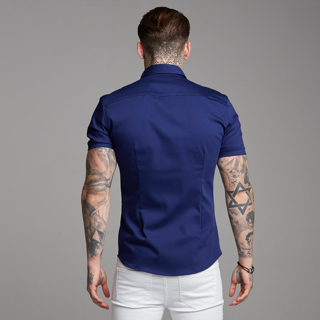 Super Slim Stretch Navy Denim Short Sleeve (Red Emblem) - FS199