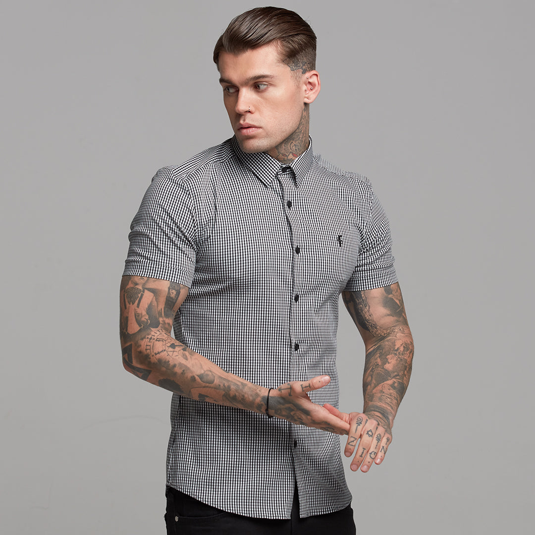 Super Slim Stretch White and Black Check Short Sleeve - FS453