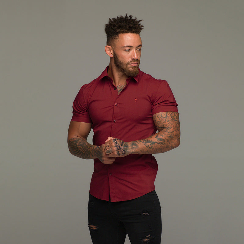 Father Sons Super Slim Stretch Classic Oxblood Red Short Sleeve - FS180