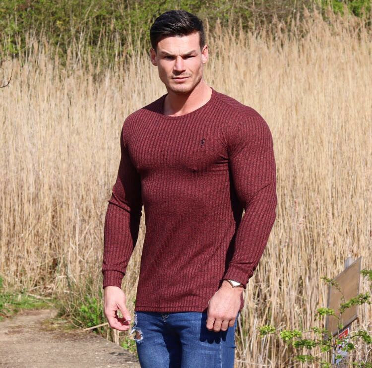 Classic Burgundy Ribbed Knit Super Slim Crew - FSH113