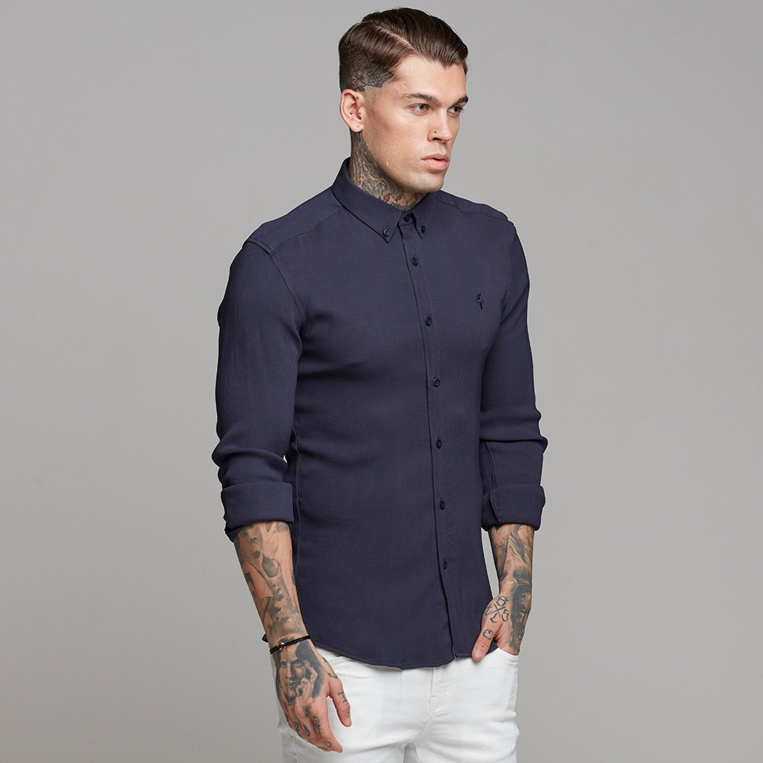 Super Slim Stretch Ribbed Navy Long Sleeve - FS443
