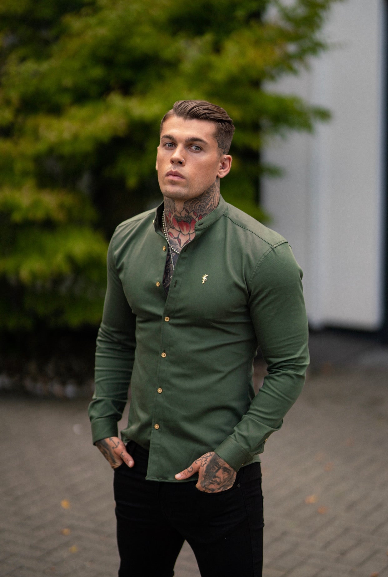 Super Slim Stretch Khaki Denim Long Sleeve Grandad collar with Metal Buttons and Decal Emblem - FS715