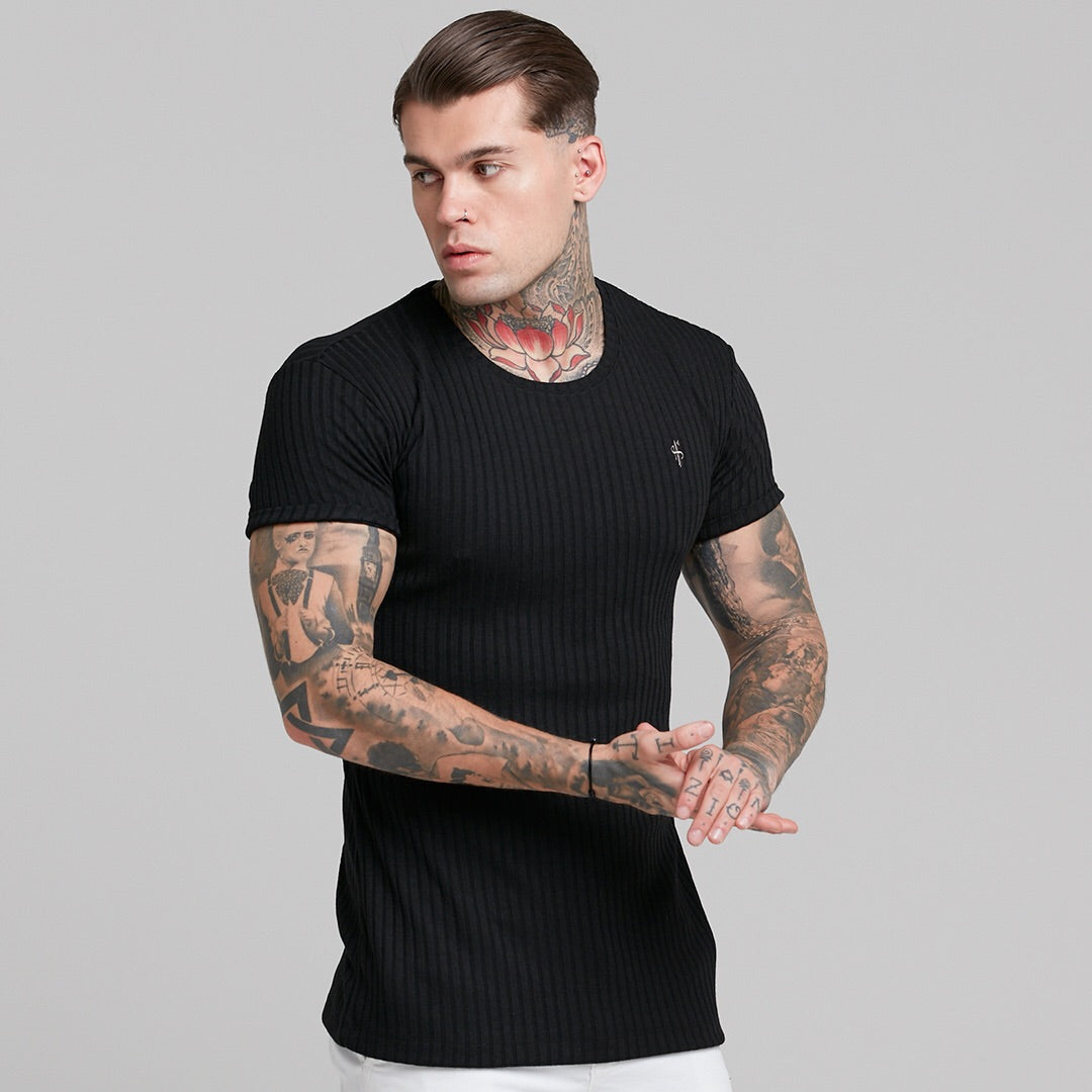 Classic Black Ribbed Knit Super Slim Short Sleeve Crew - FSH241