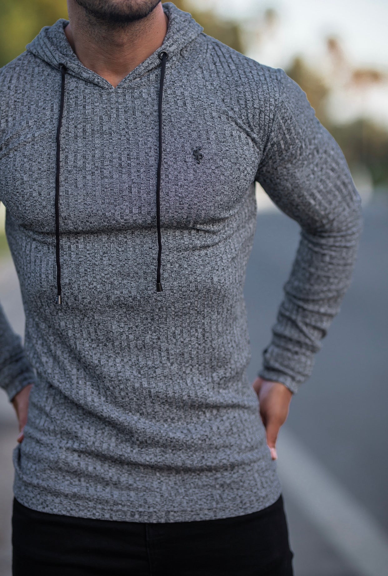Classic Grey / Black Ribbed Knit Hoodie Jumper - FSH509