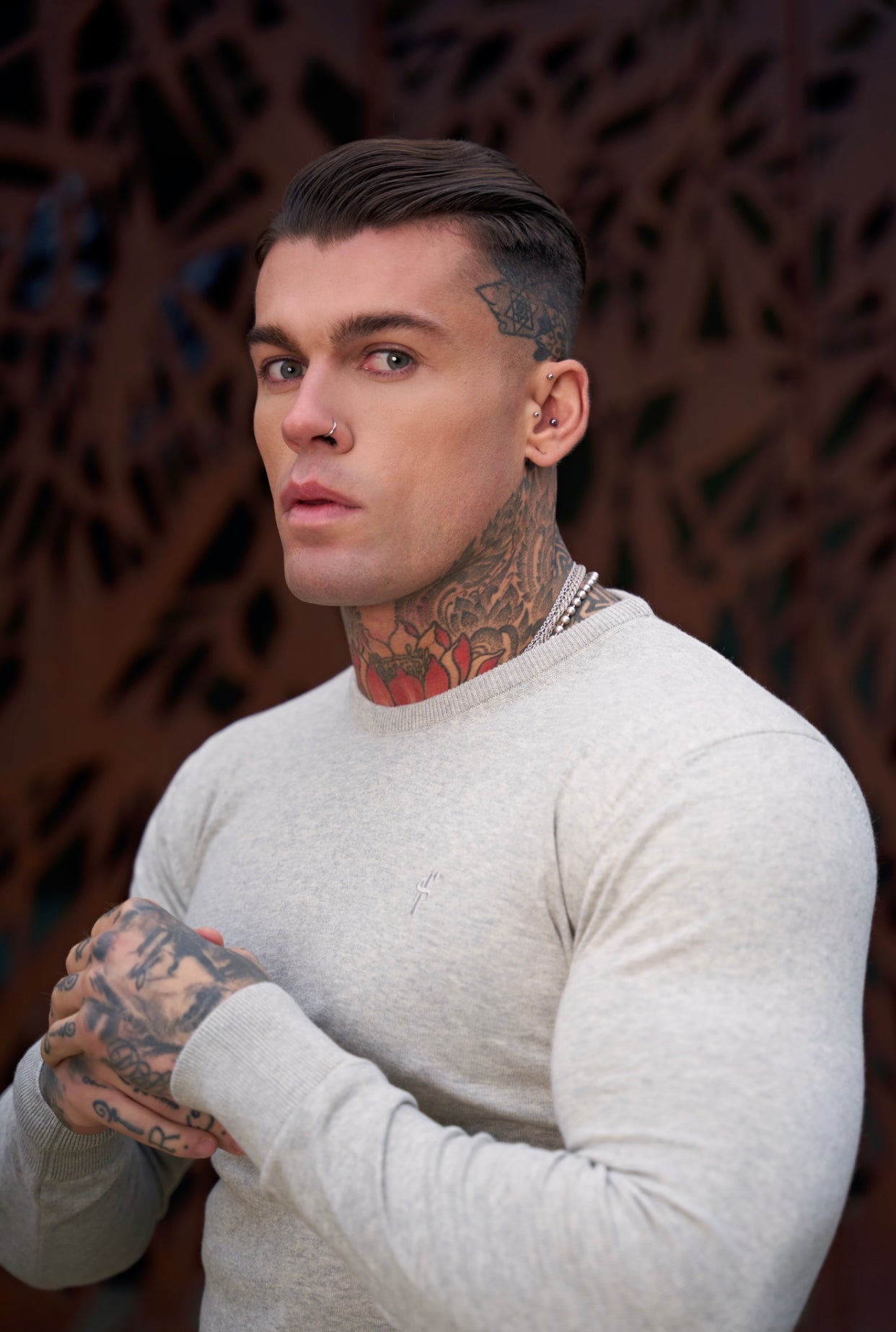 Classic Light Grey Marl Crew Neck Knitted Jumper with Tonal Emblem - FSH674