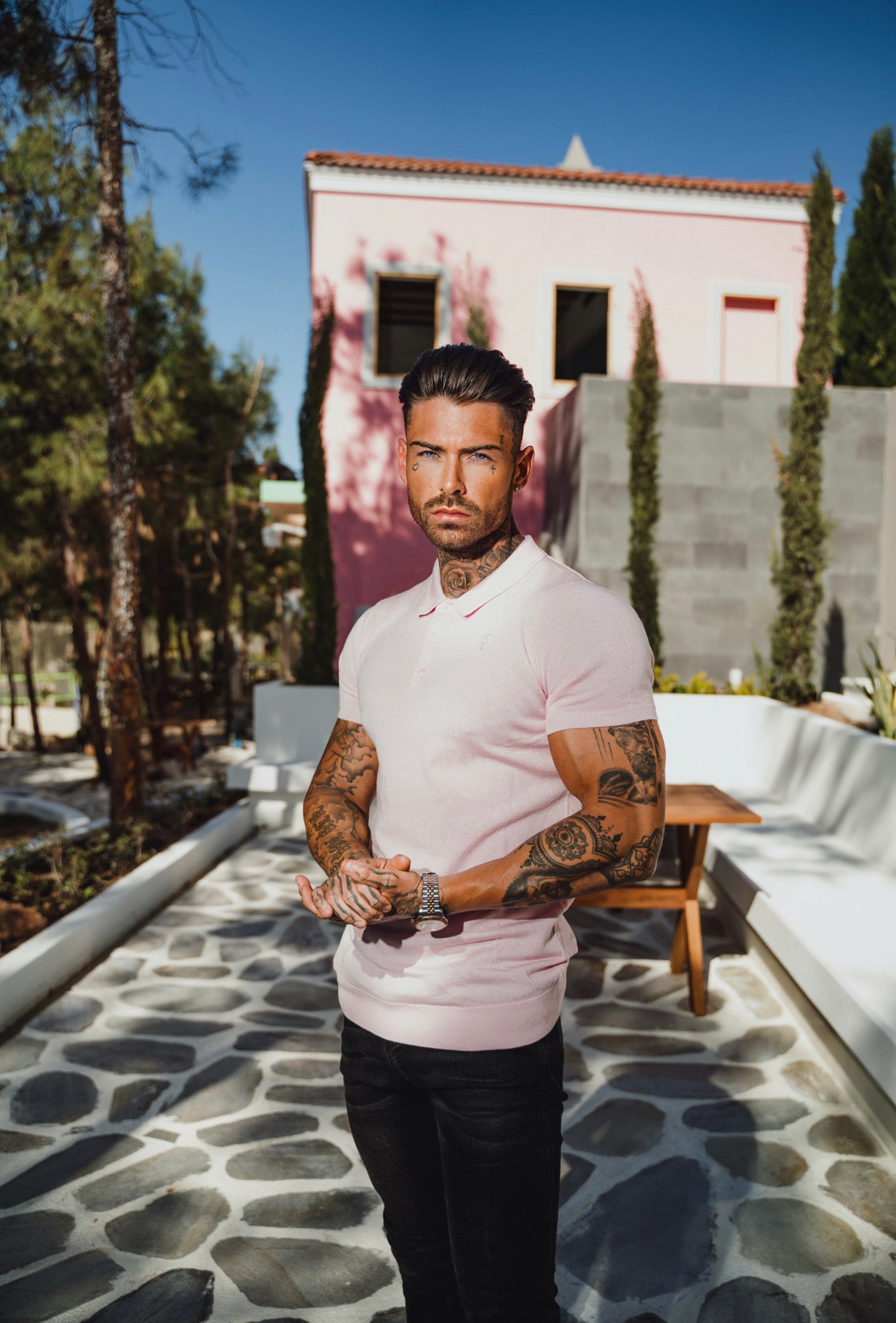 Classic Pale Pink Merino Wool Knitted Polo Jumper Short Sleeve With FS Embroidery- FSN028