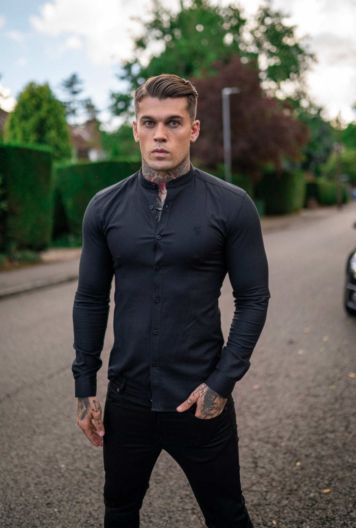 Super Slim Stretch Classic Oxford Black Grandad Collar - FS729