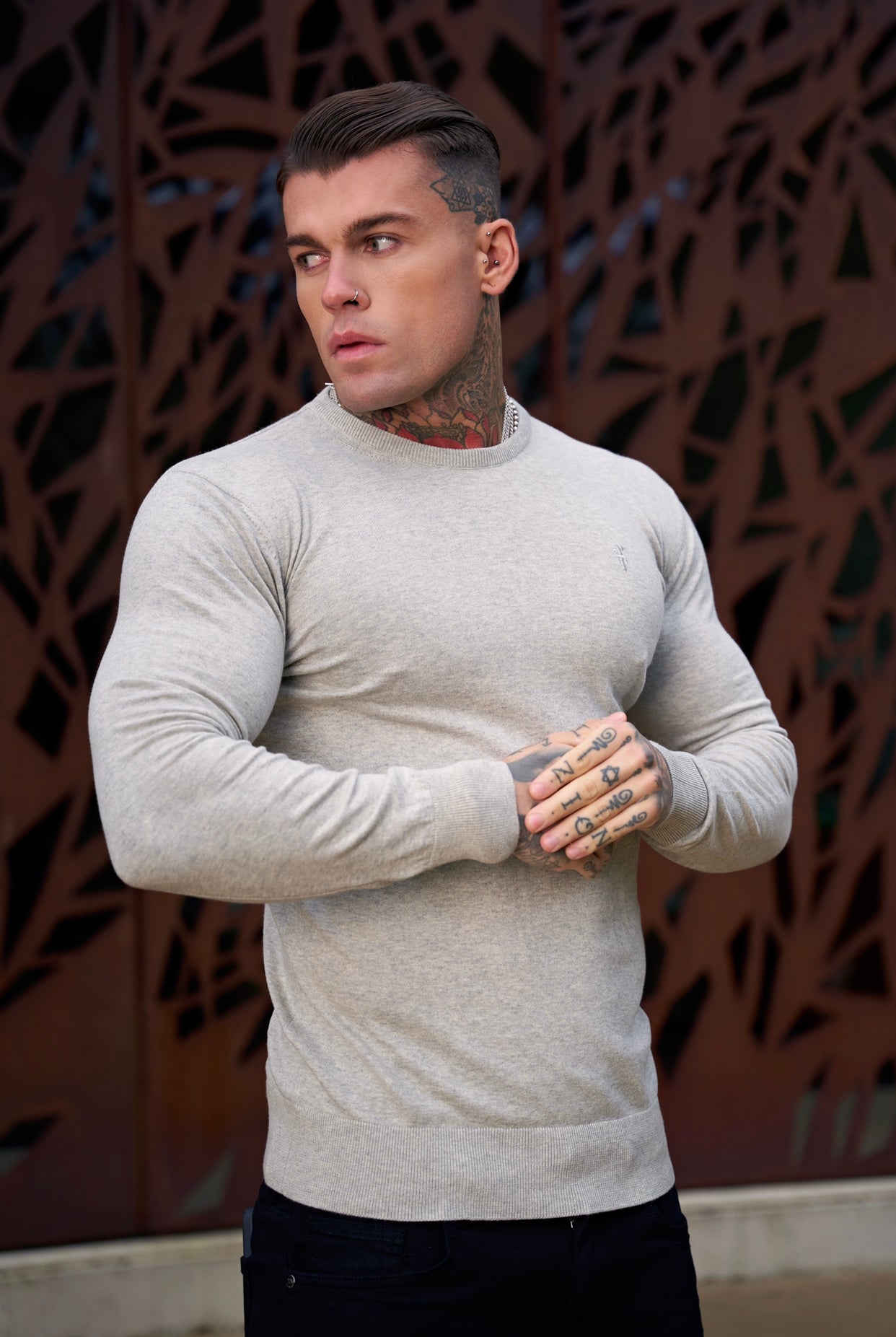 Classic Light Grey Marl Crew Neck Knitted Jumper with Tonal Emblem - FSH674