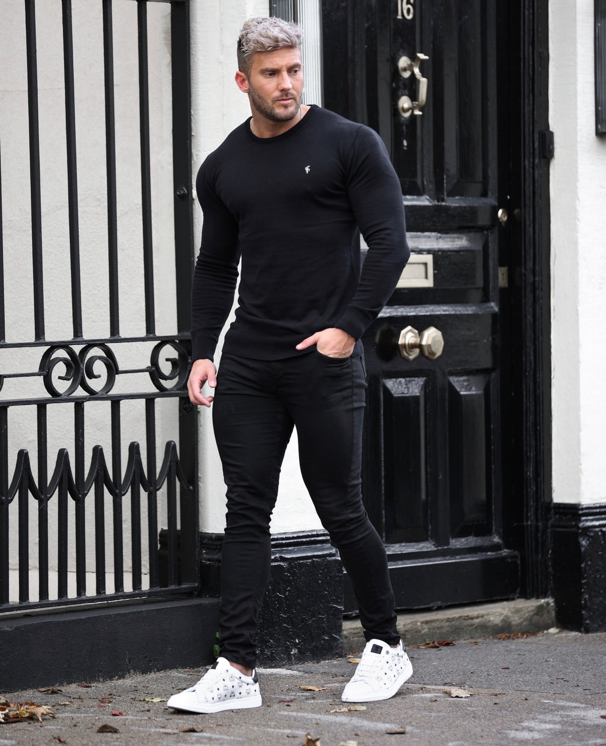 Classic Black Crew Neck Knitted Jumper with Gunmetal Emblem - FSH668