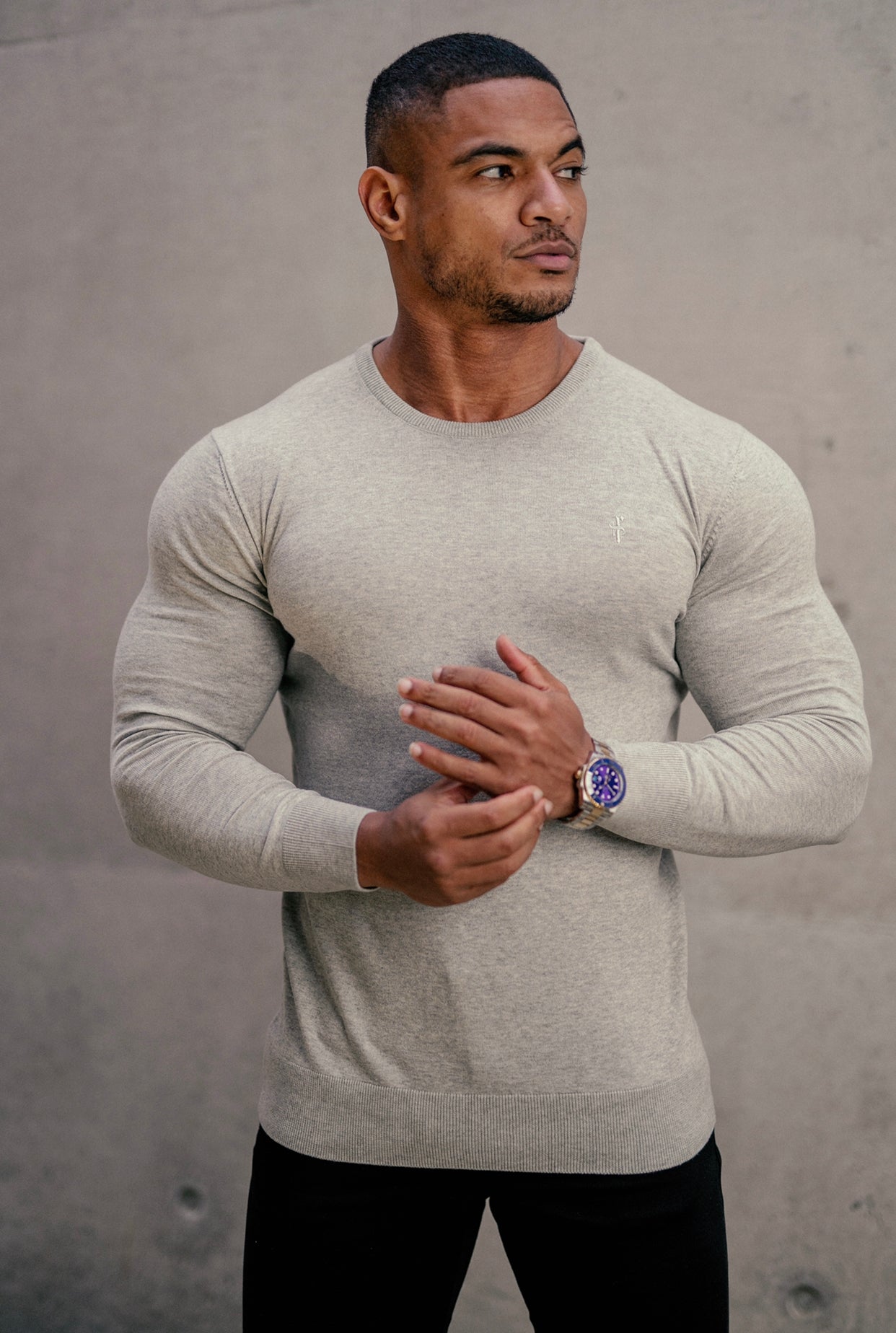Classic Light Grey Marl Crew Neck Knitted Jumper with Tonal Emblem - FSH674