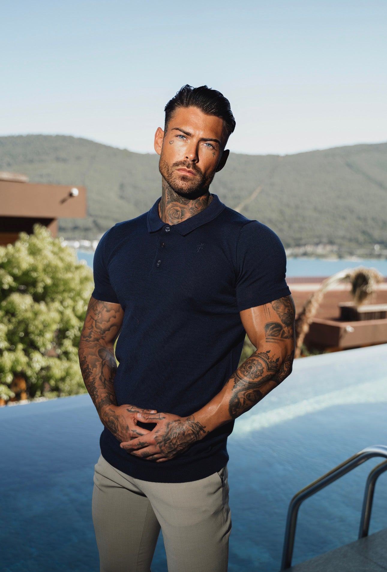 Classic Navy Merino Wool Knitted Polo Jumper Short Sleeve With FS Embroidery- FSN026