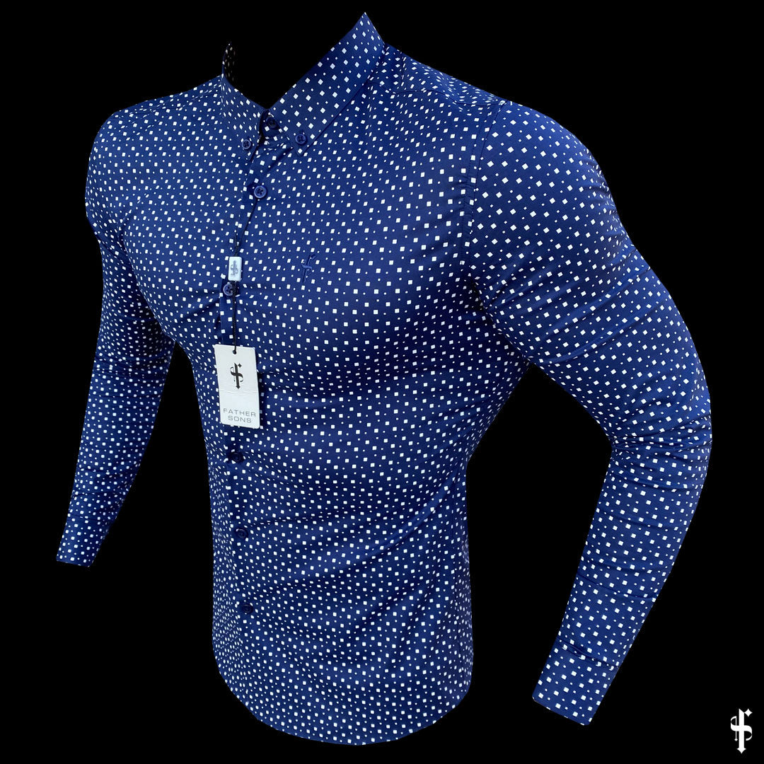 Super Slim Stretch Blue & White Multi Square Print Long Sleeve - FS667