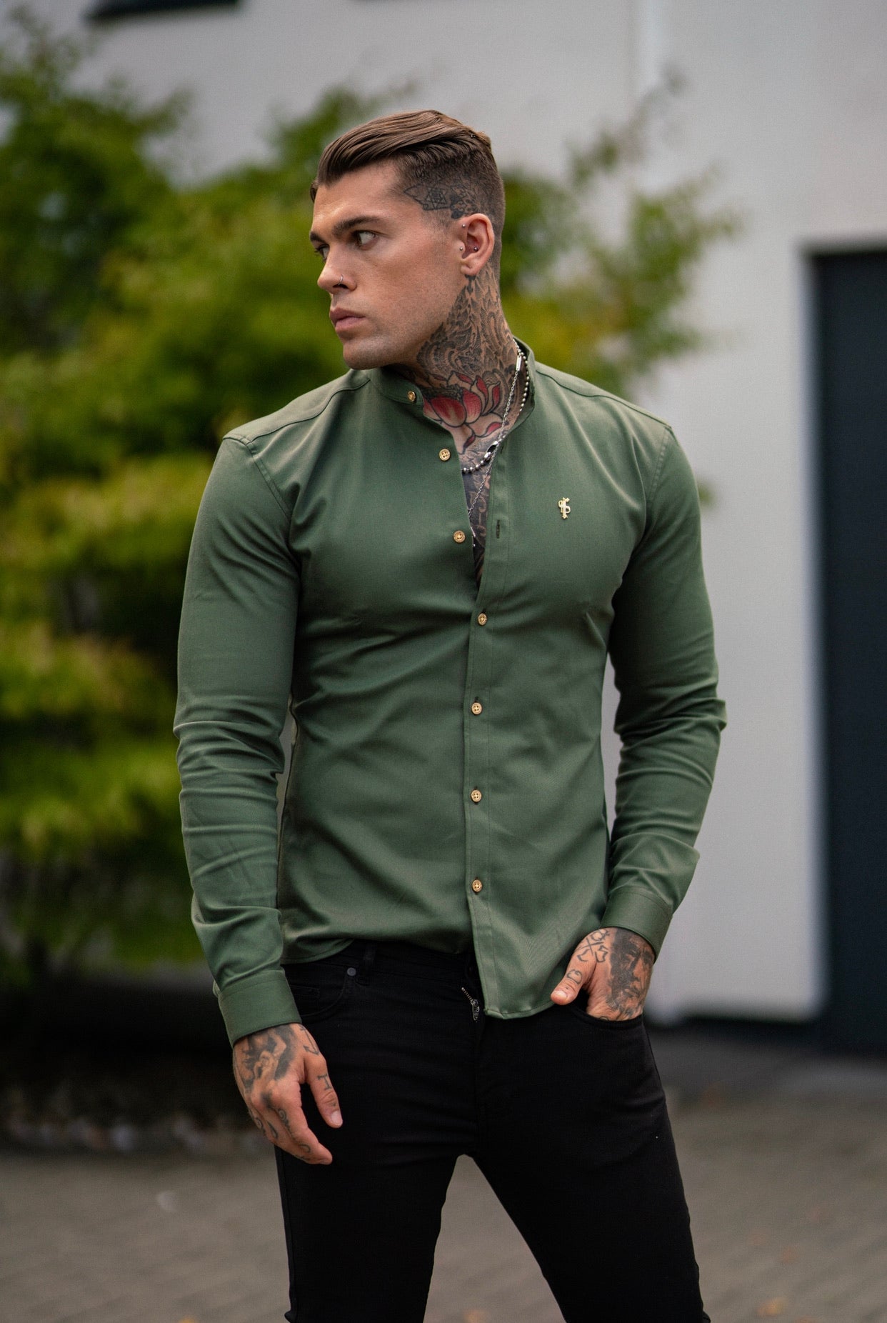 Super Slim Stretch Khaki Denim Long Sleeve Grandad collar with Metal Buttons and Decal Emblem - FS715