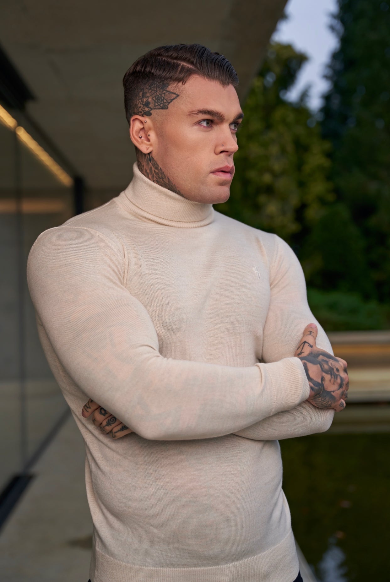 Classic Beige Roll Neck Merino Wool Knitted Jumper With FS Embroidery - FSN012