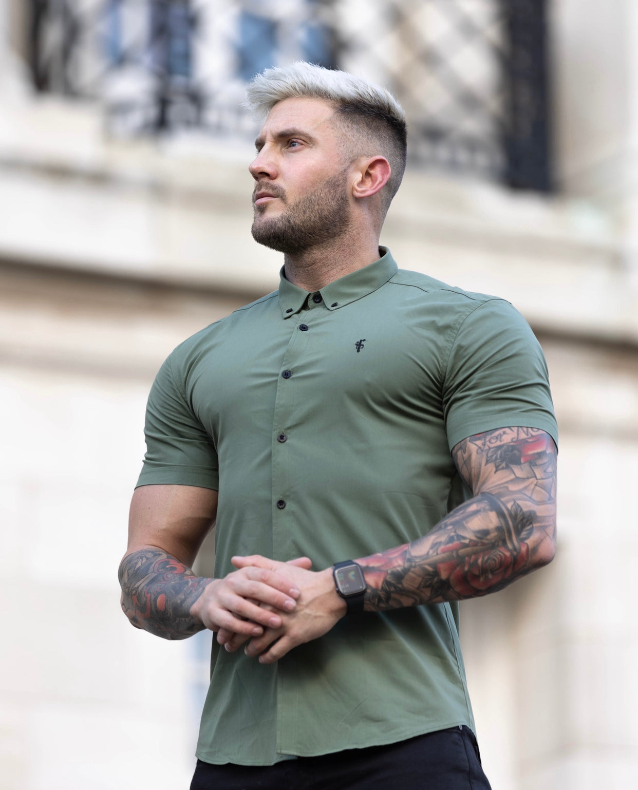Super Slim Stretch Classic Khaki Short Sleeve With Button Down Collar -  FS818