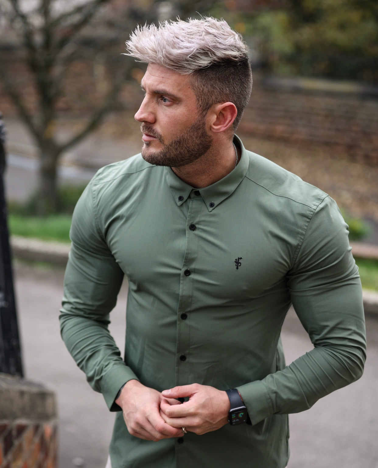 Super Slim Stretch Classic Khaki Long Sleeve With Button Down Collar -  FS819