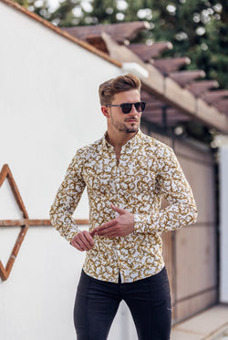 Father Sons Super Slim Stretch White / Gold Scroll Print Long Sleeve with Button Down Collar - FS822
