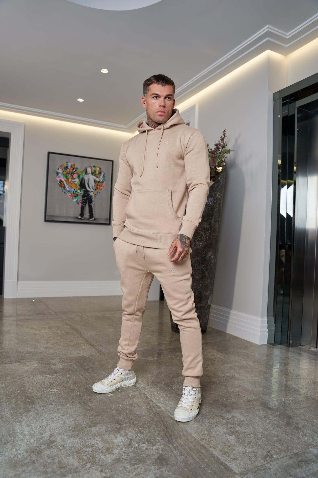 Beige Raglan Tracksuit Bottoms with FS Embroidery - FSH696