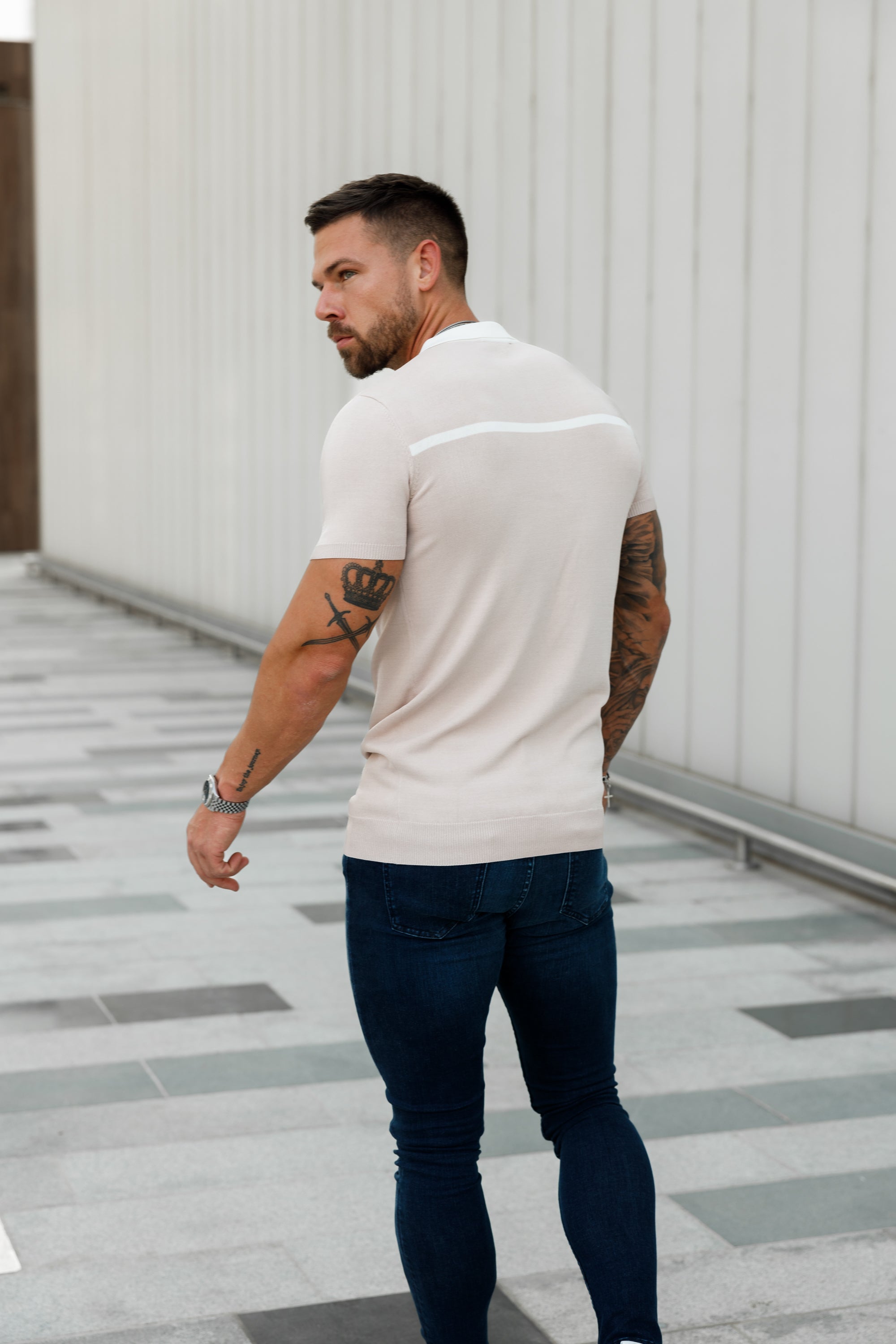 Classic Beige / White Horizontal Stripe Zipped Polo Short Sleeve - FSN041