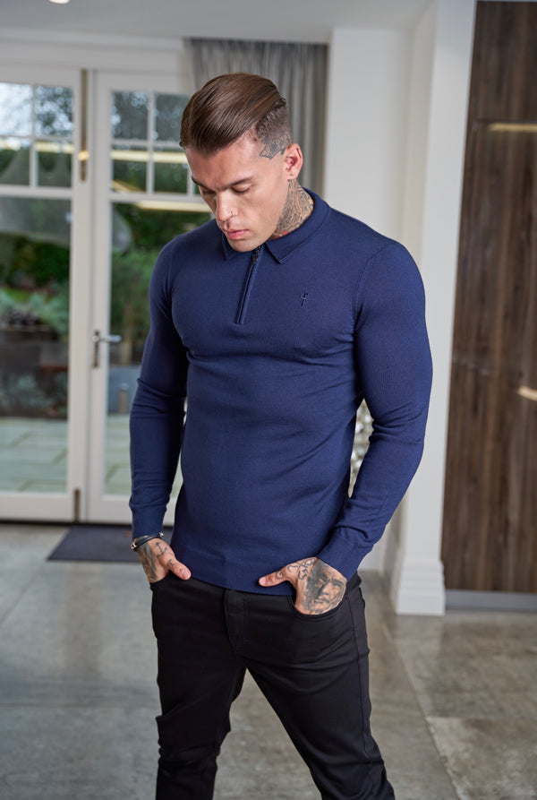 Father Sons Classic Navy Merino Wool Knitted Zip Polo Long Sleeve Jumper With FS Embroidery- FSN007
