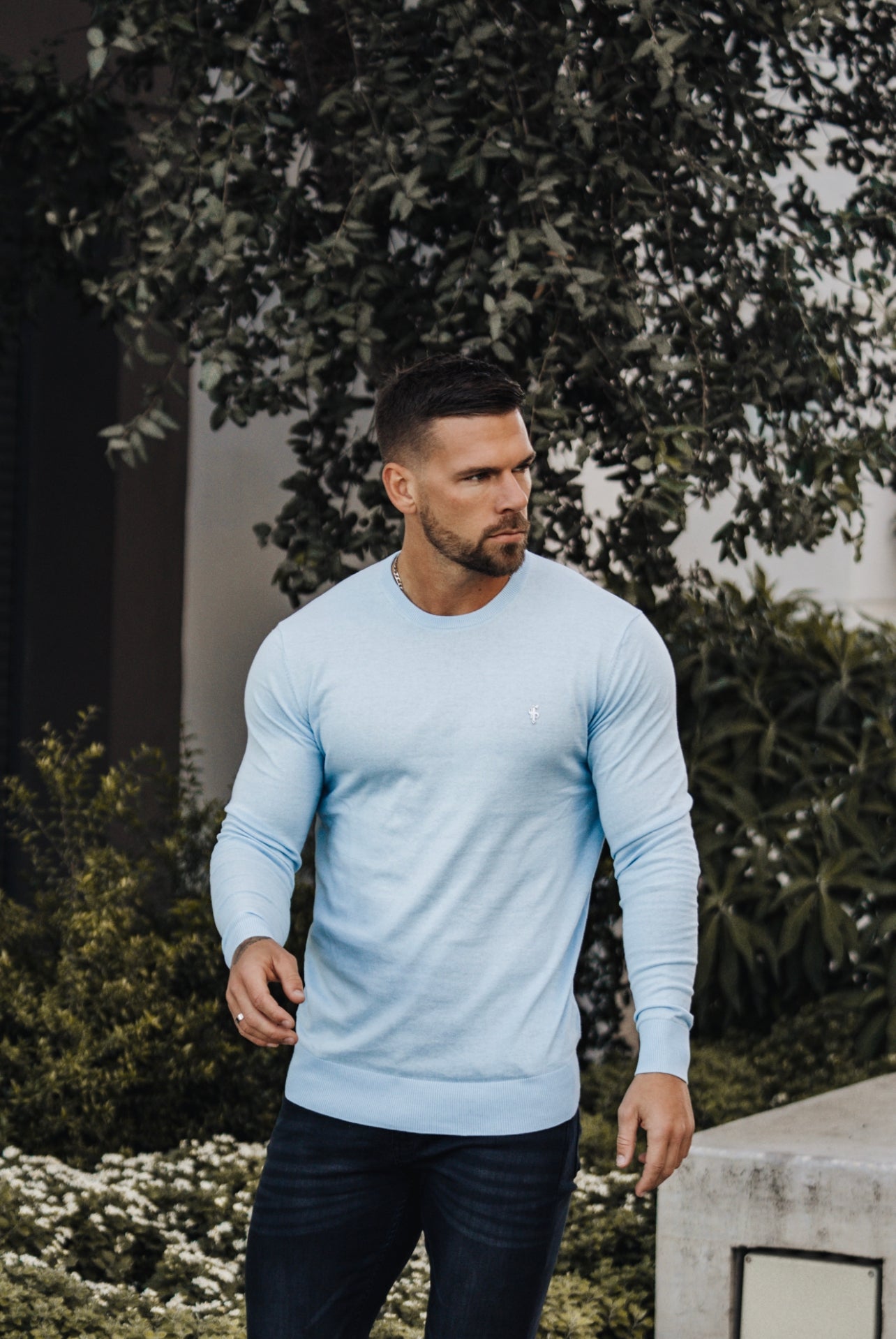 Classic Sky Blue Light Weight Knitted Crew Neck with Metal Decal - FSN092