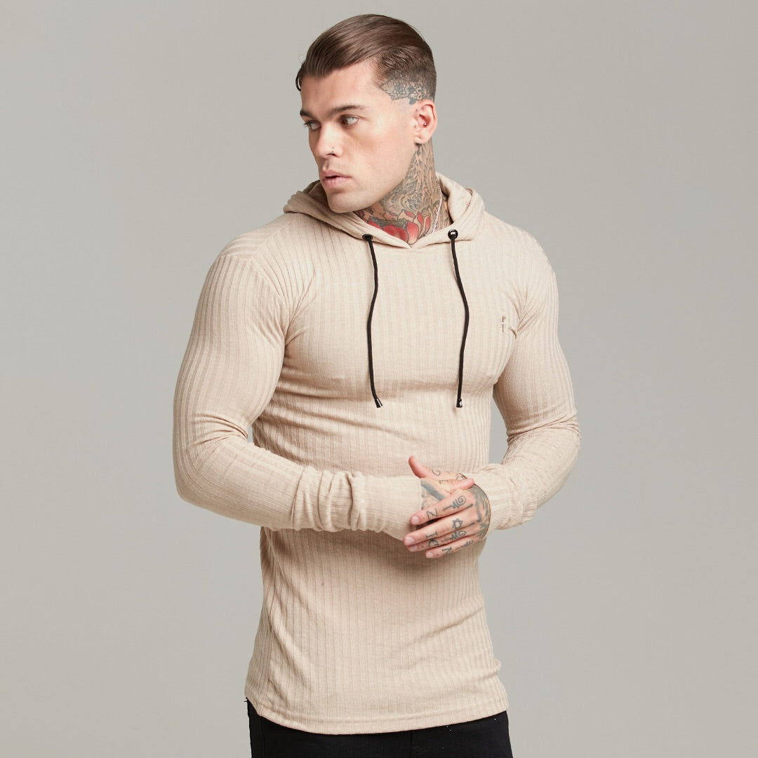 Classic Beige Ribbed Knit Hoodie Jumper - FSH412