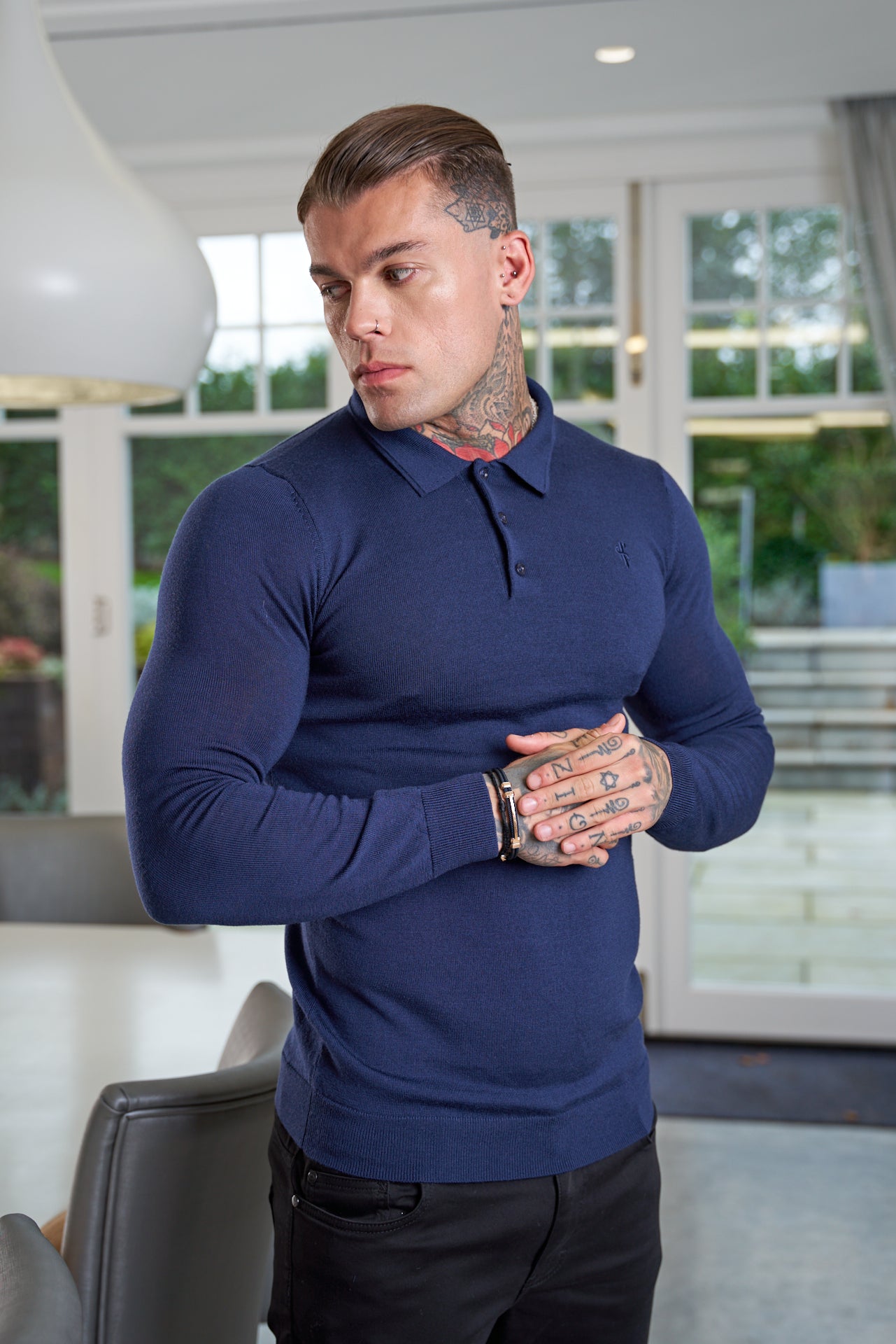 Classic Navy Merino Wool Knitted Polo Jumper Long Sleeve With FS Embroidery- FSN015