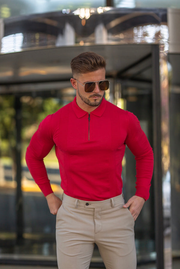 Father Sons Classic Poppy Red and Black Zip Knitted Long Sleeve Polo Shirt - FSH567