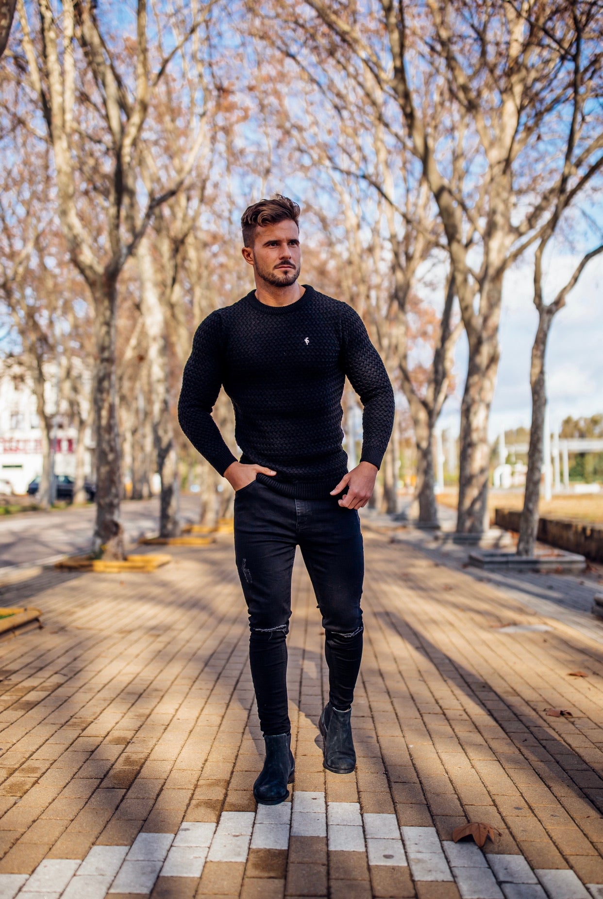 Black Knitted Weave Super Slim Jumper With Metal Decal - FSJ014