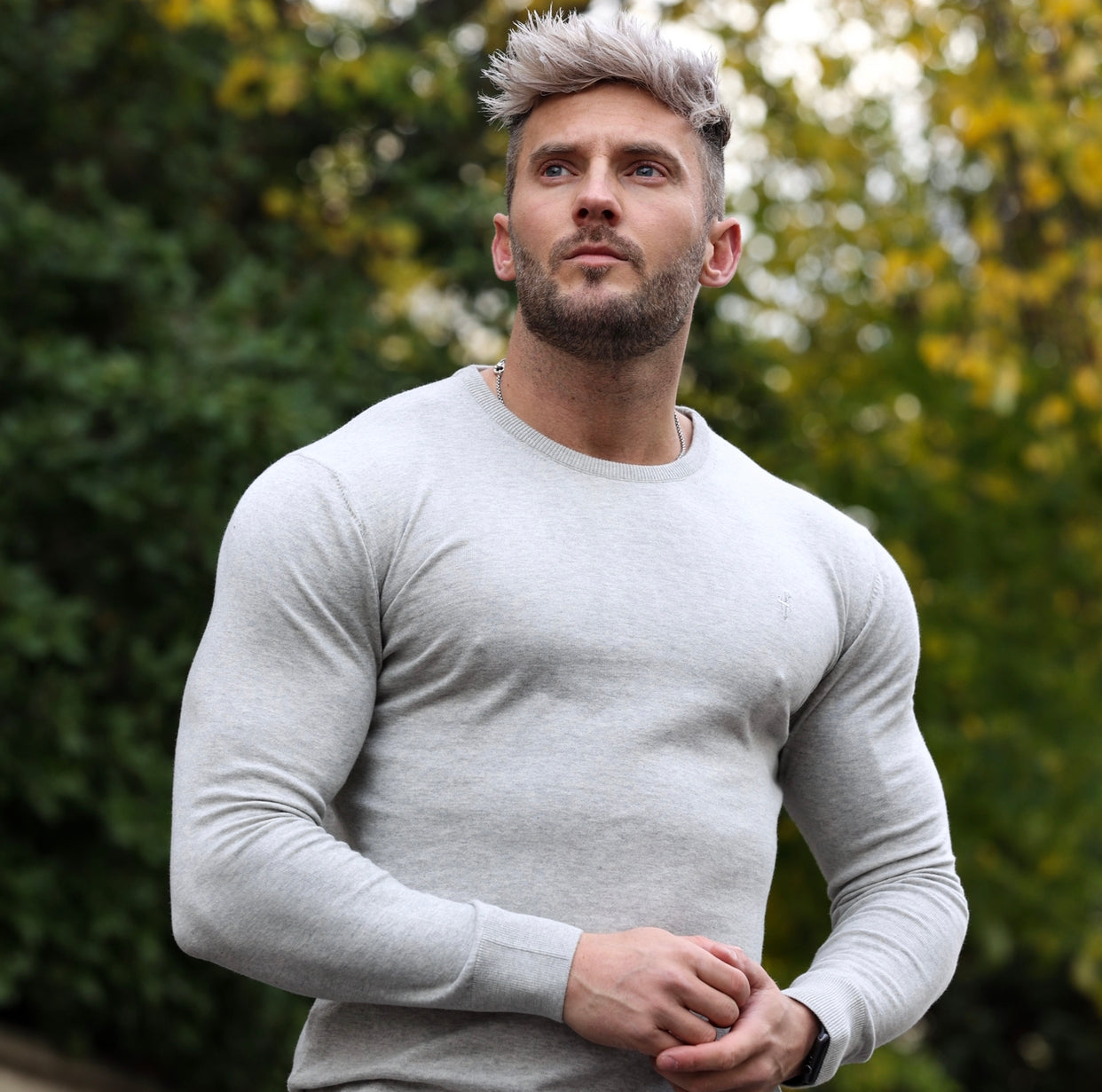 Classic Light Grey Marl Crew Neck Knitted Jumper with Tonal Emblem - FSH674