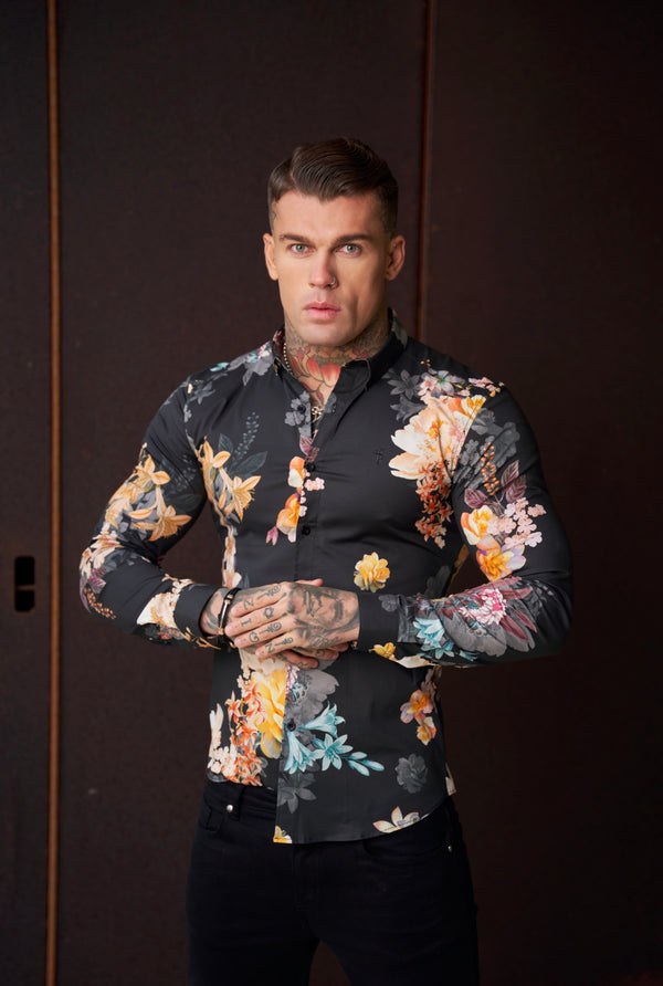 Father Sons Super Slim Stretch Black Mixed Lily Floral Print Long Sleeve with Button Down Collar - FS854